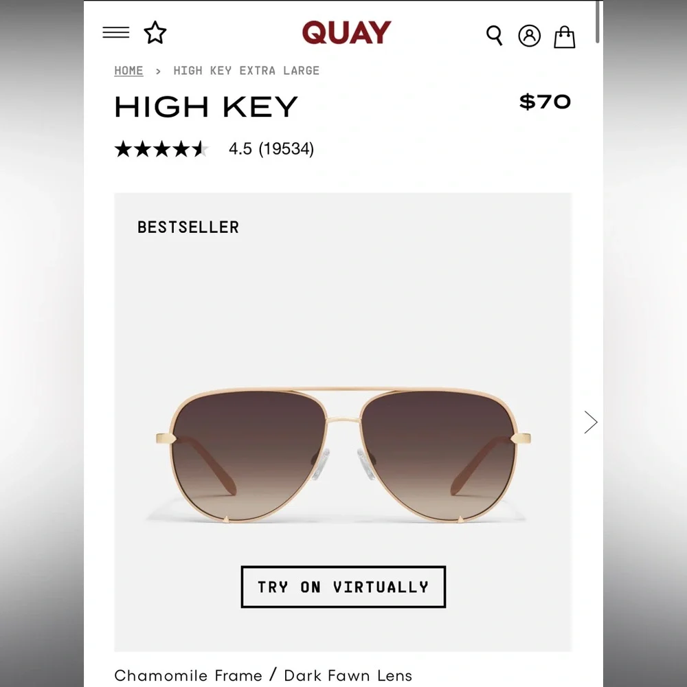 NWT. ✅ QUAY Australia “High Key XL” Sunglasses in “Chamomile/Dark Fawn” 🤎💛